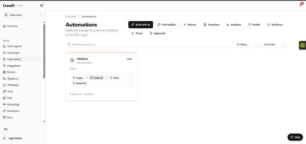 Crawlii Automations dashboard, tabs for Build with AI, Chat builder, Manual, Templates, Analytics, Health, Resilience, Traces and Approvals