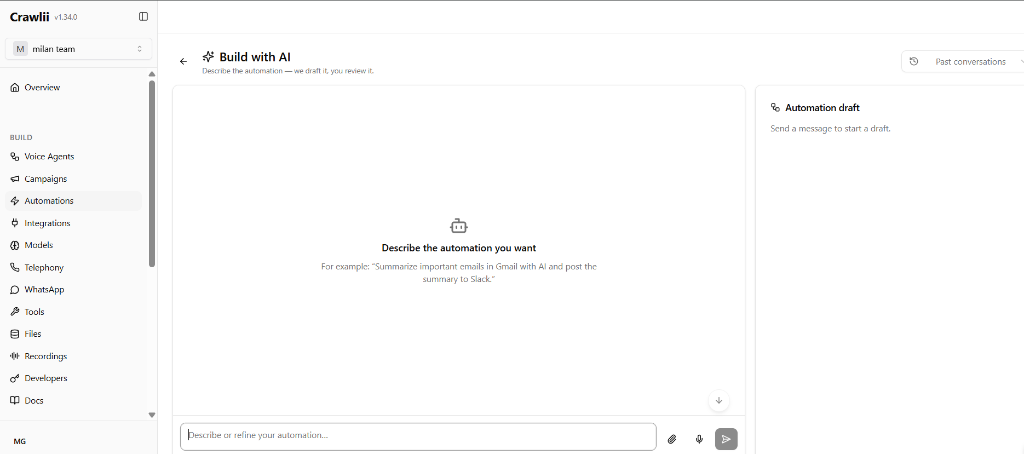 Crawlii Build with AI builder, describe an automation in the chat and a draft plan appears for review